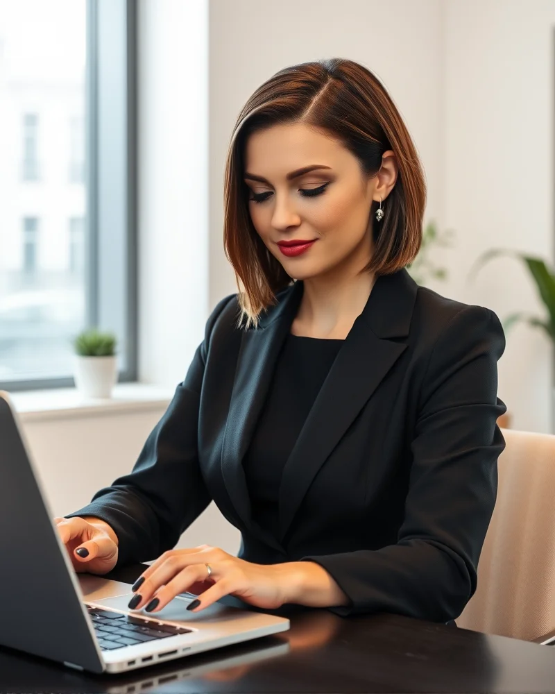 A professional woman wearing sophisticated matte black chalkboard nails in a corporate office setting.