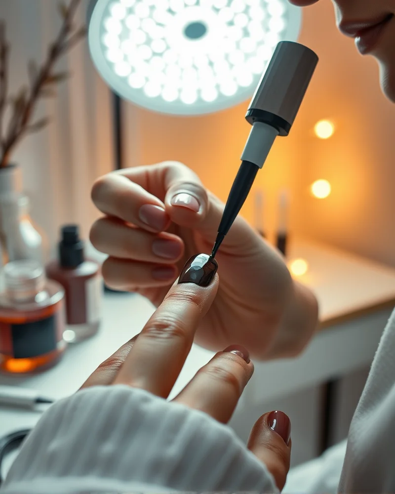 Professional manicurist applying high-pigment espresso gel polish with professional tools and an LED curing lamp for a long-lasting fall manicure.