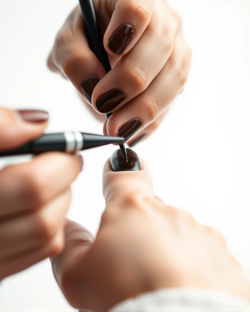 A professional manicurist applying dark espresso nail polish to achieve a smooth September manicure.
