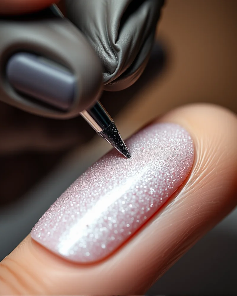 September 2026 Nails 8 Professional nail technician applying ultra-fine shimmer powder to a high-viscosity gel manicure.