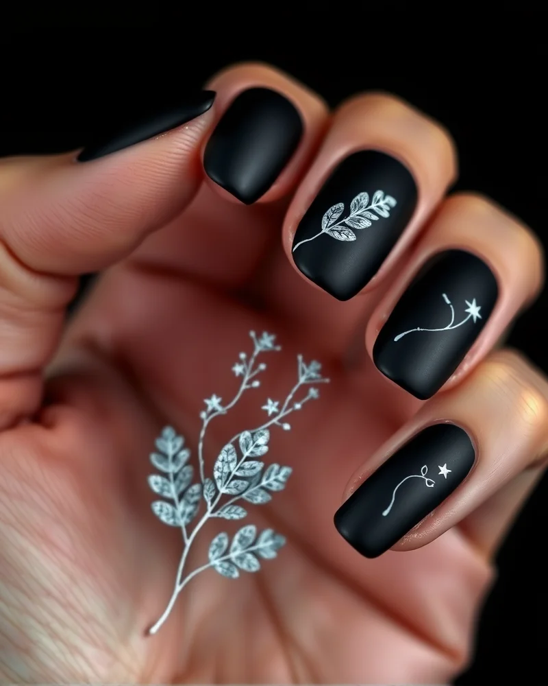 Close-up of matte black chalkboard nails featuring hand-painted white botanical and celestial designs, representing high-end autumn nail art trends.