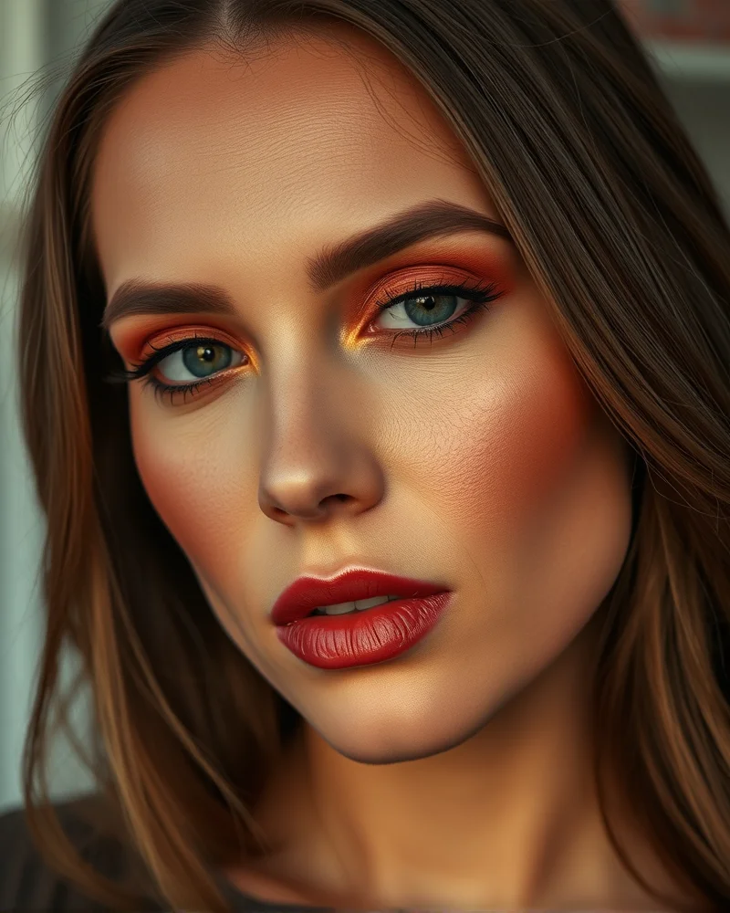 Close-up of a model wearing pumpkin spice latte inspired makeup with intense mahogany eyeshadow and glossy lips for an evening transition.