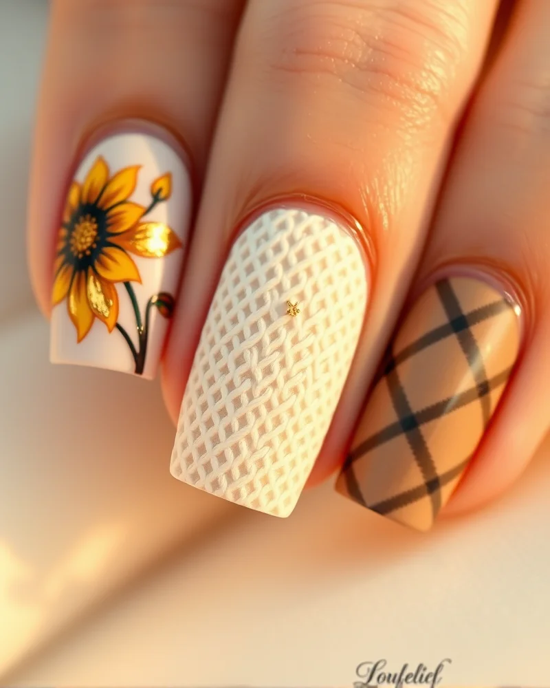 Fall Sunflower Nails 8 A sophisticated fall nail art manicure featuring hand-painted sunflowers, raised sweater knit textures, and elegant plaid patterns in a warm autumn color palette.