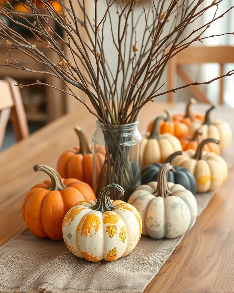 Budget-friendly DIY fall table centerpiece featuring painted pumpkins and natural branches.