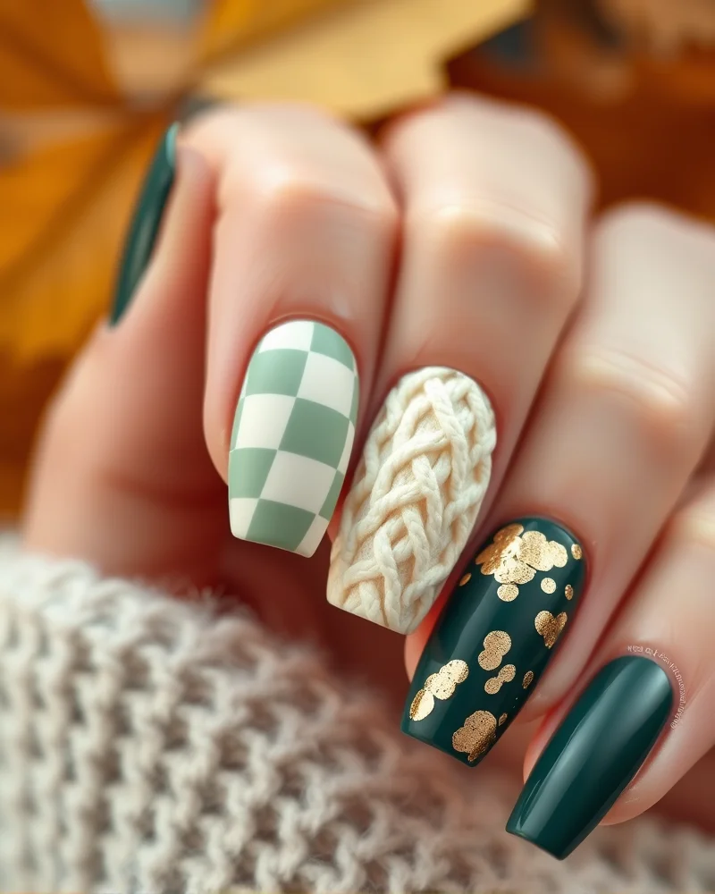 Fall Checkered Nails 7 Close-up of trendy fall checkered nails mixed with 3D cable knit textures and gold foil accents for an autumn manicure look.