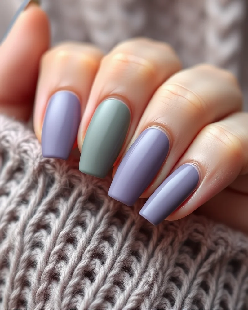 Close up of dusty sage and smokey lavender fall manicure with matte finish.