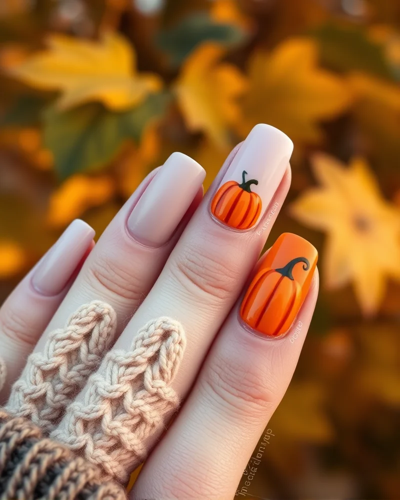 Fall Pumpkin Nail Designs 9 Professional fall nail art featuring matte cable knit patterns and glossy orange pumpkin designs on natural nail shapes.