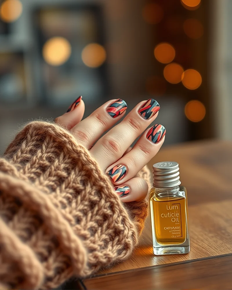 Close-up of a person with well-maintained, funky fall nail art applying cuticle oil from a luxury dropper bottle, emphasizing long-lasting manicure care.