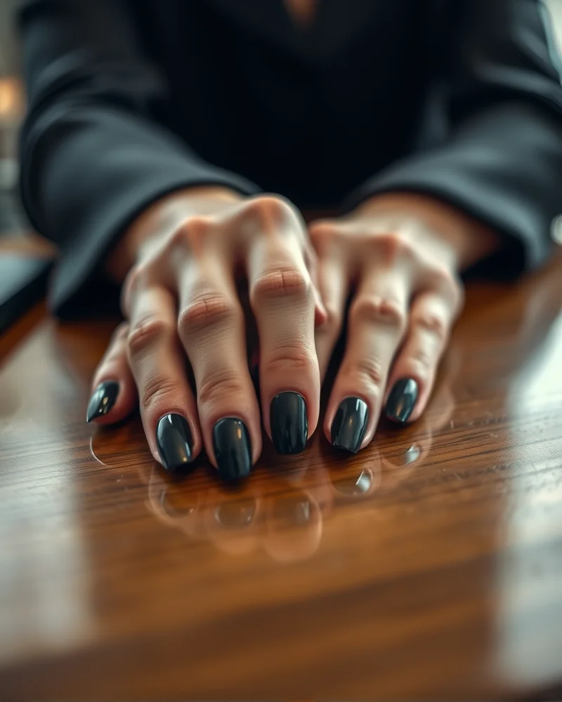 Close-up of elegant dark emerald cat eye nail designs on almond shaped nails in a professional setting