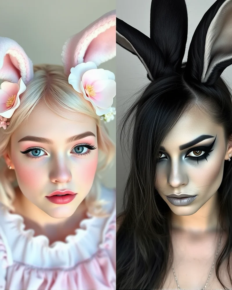 Comparison of Cottagecore Bunny makeup with pastels versus Dark Bunny makeup with moody black and gray tones.