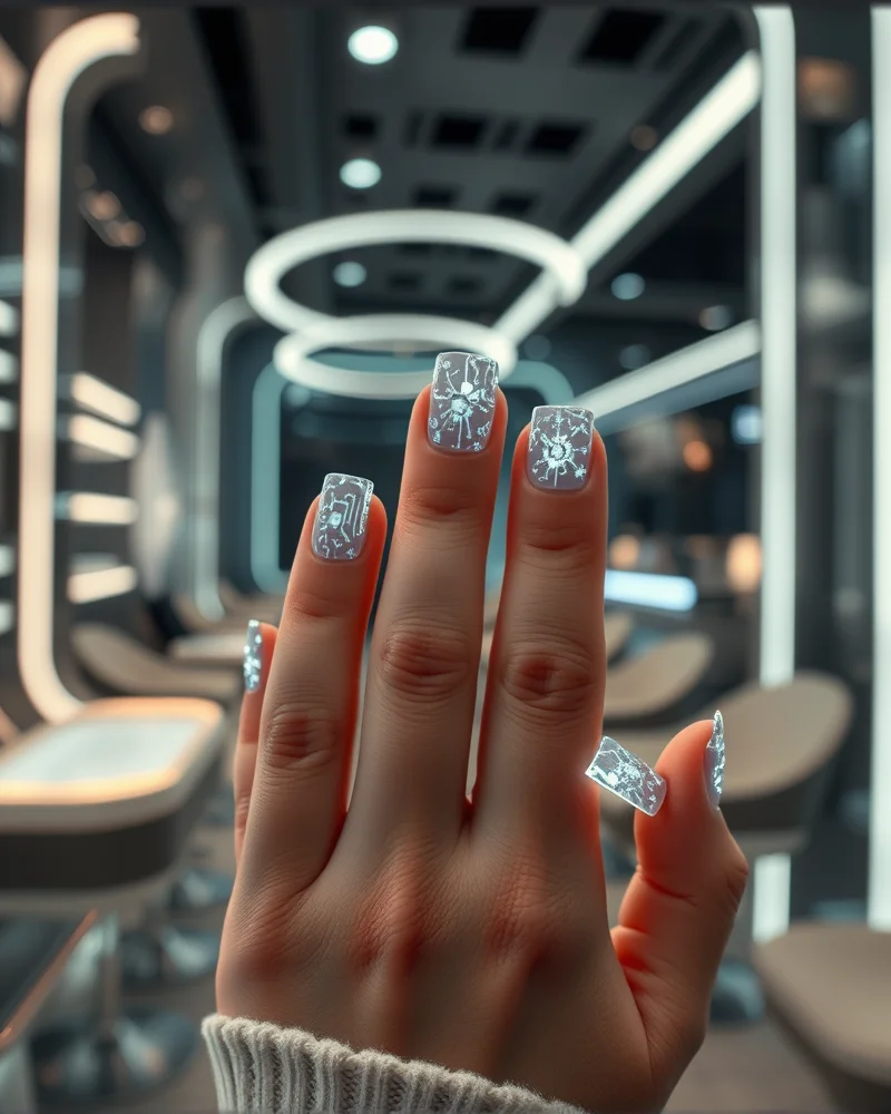 Futuristic wearable nail technology integrated into professional square nails in a 2026 salon setting.