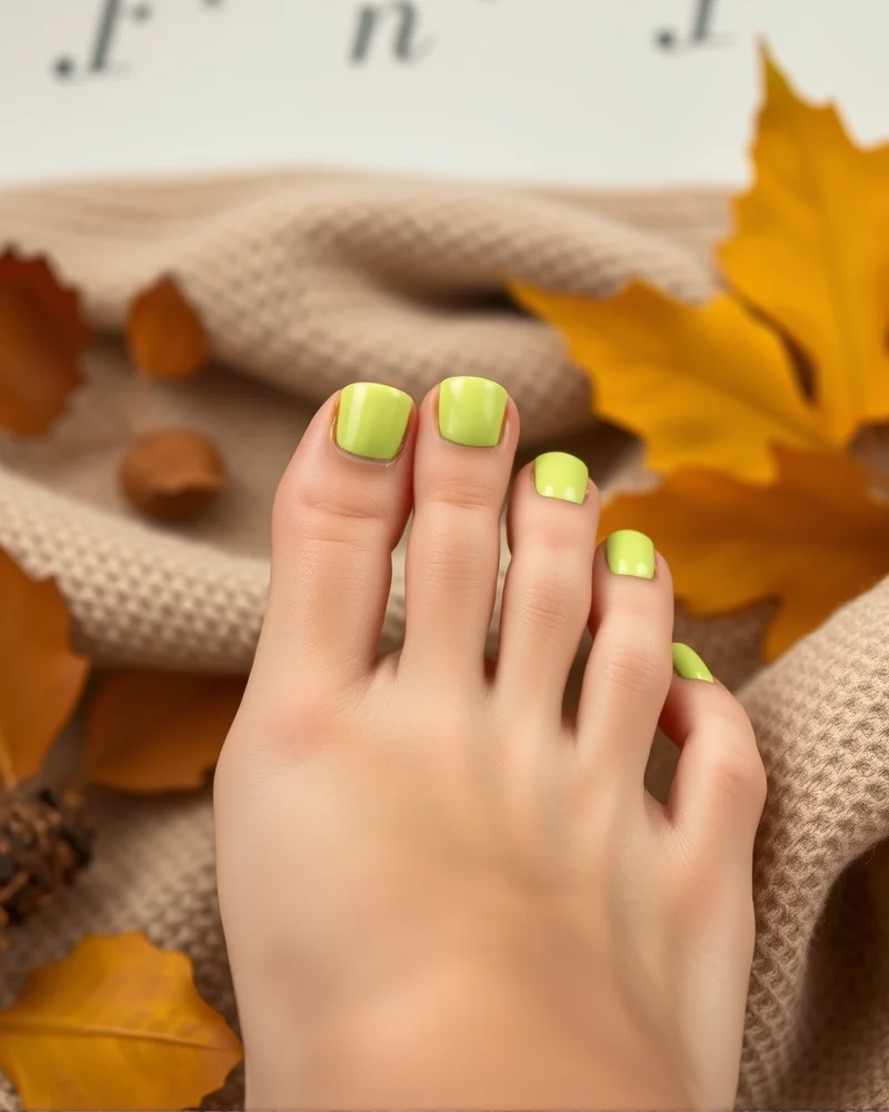 Chic September pedicure featuring muted neon nail art on a soft neutral base.