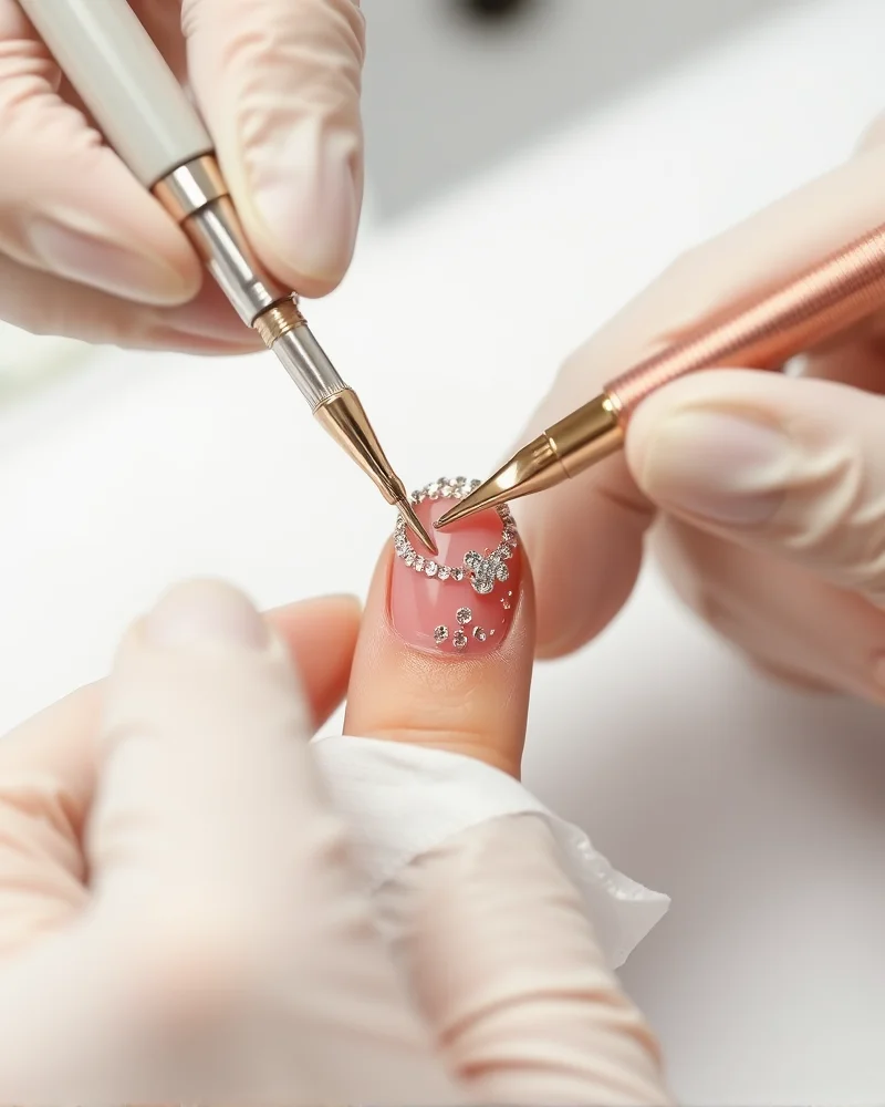 Close up of professional nail technician safely removing builder gel and rhinestone charms from a client's natural nail using professional tools.