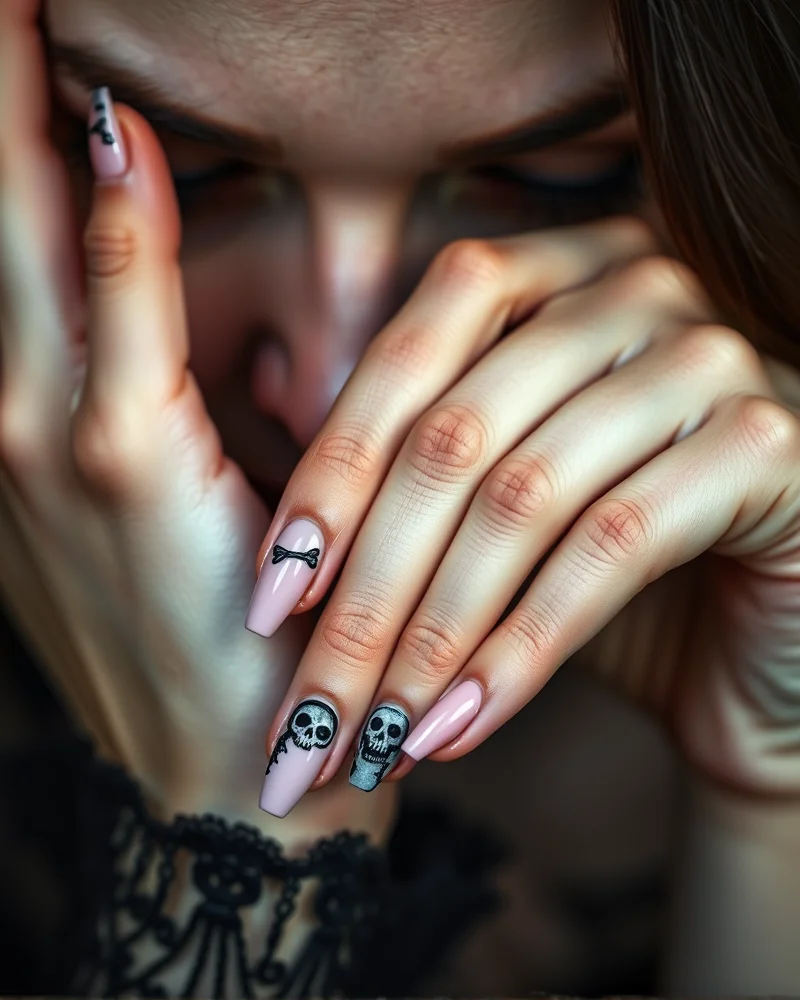 Close-up view of spooky cute skull themed manicure matching a gothic aesthetic with pastel and black nail polish designs.