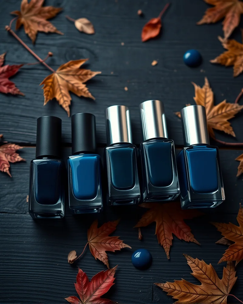 Professional collection of high-end navy and cobalt blue nail polish bottles arranged on a wooden table with fall foliage for a seasonal beauty article.