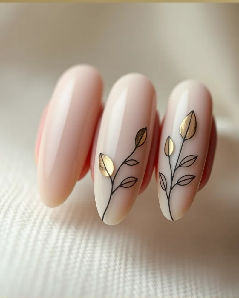 Close up of elegant transitional nail art showing gold foil accents and abstract botanical leaf line work on negative space nails for a sophisticated end of summer manicure.