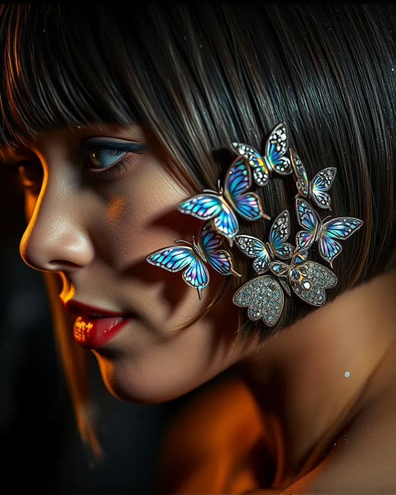 Close-up of a short hairstyle featuring a glamorous arrangement of layered rhinestone and iridescent butterfly clips, enhanced with hair glitter for a high-impact evening look.