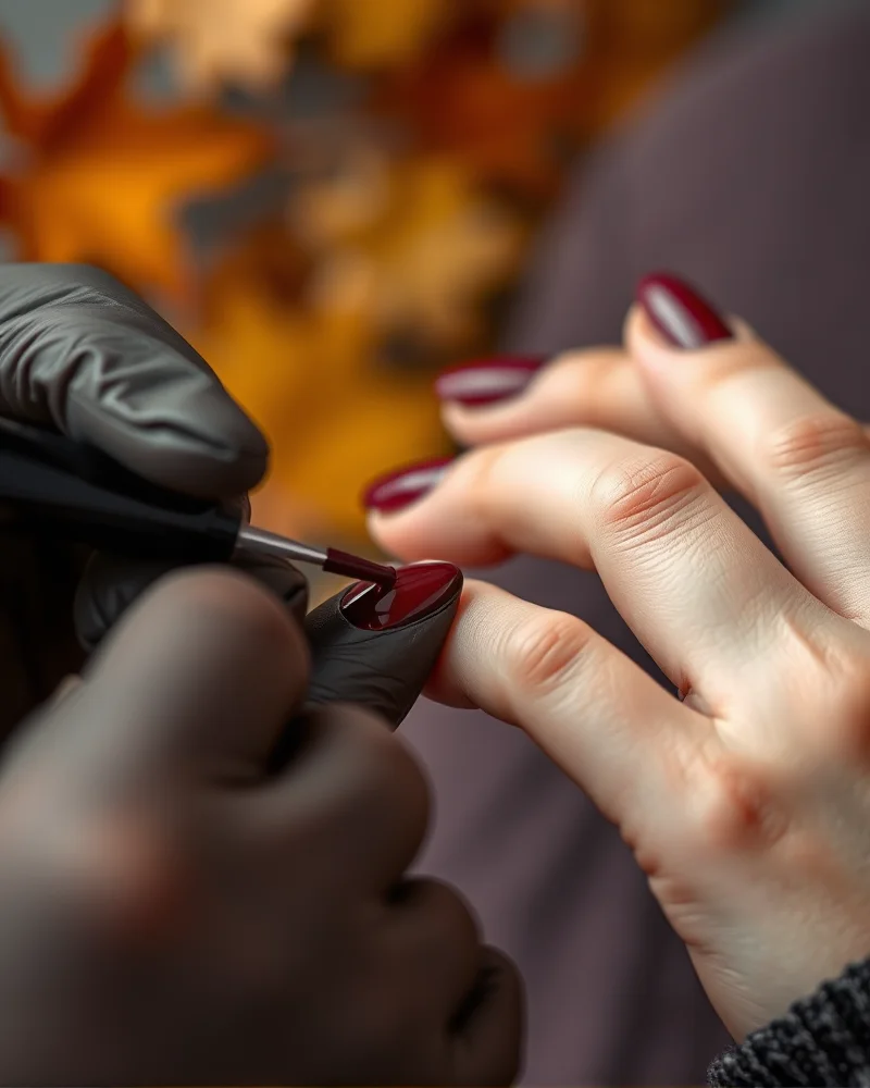 Fall Nail Colors 2026 8 Close up of applying dark oxblood fall nail color