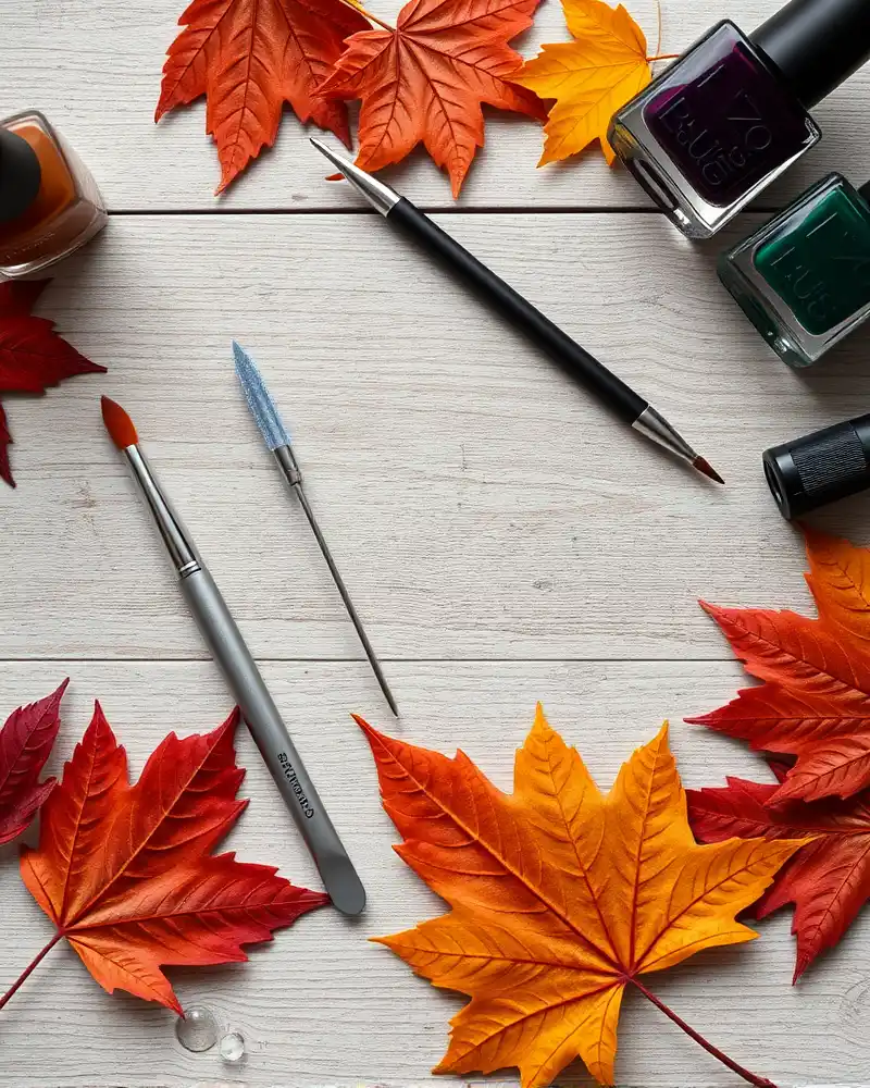 Fall Themed Nails Simple 9 A professional set of nail art tools including precision brushes and a crystal nail file arranged aesthetically with dried autumn leaves and dark nail polish bottles for a fall manicure setup.