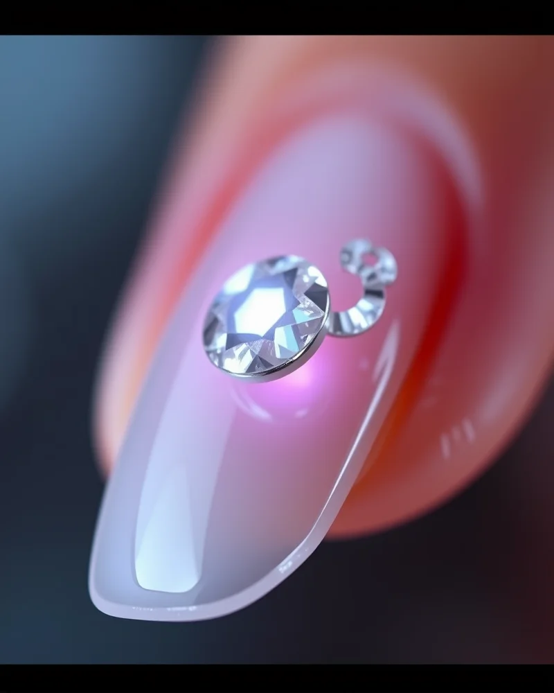 Close-up shot of futuristic LED nail art and high-refractive glass crystals on a luxury manicure.