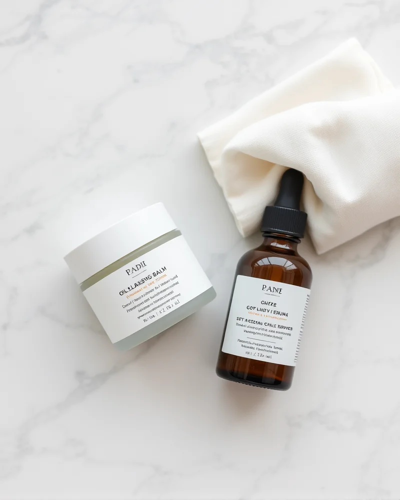 Professional skincare products used for double cleansing to remove heavy Halloween skull makeup safely.