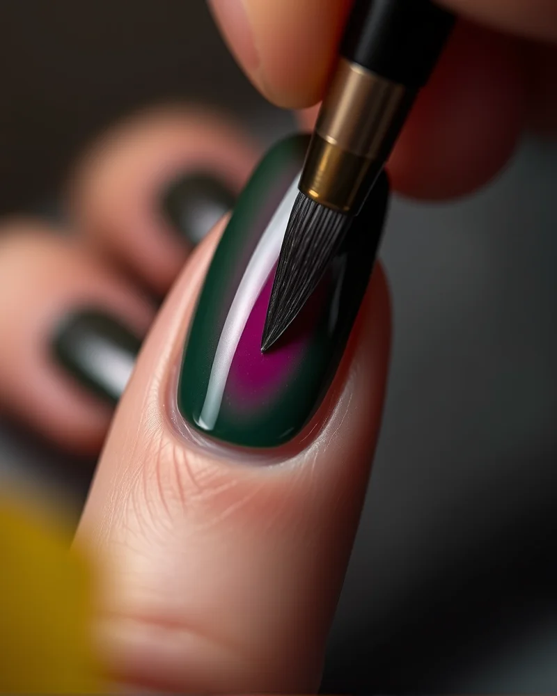 Fall Aura Nails 9 Professional nail artist applying an aura gradient design with a soft blending brush to create a custom autumn manicure.