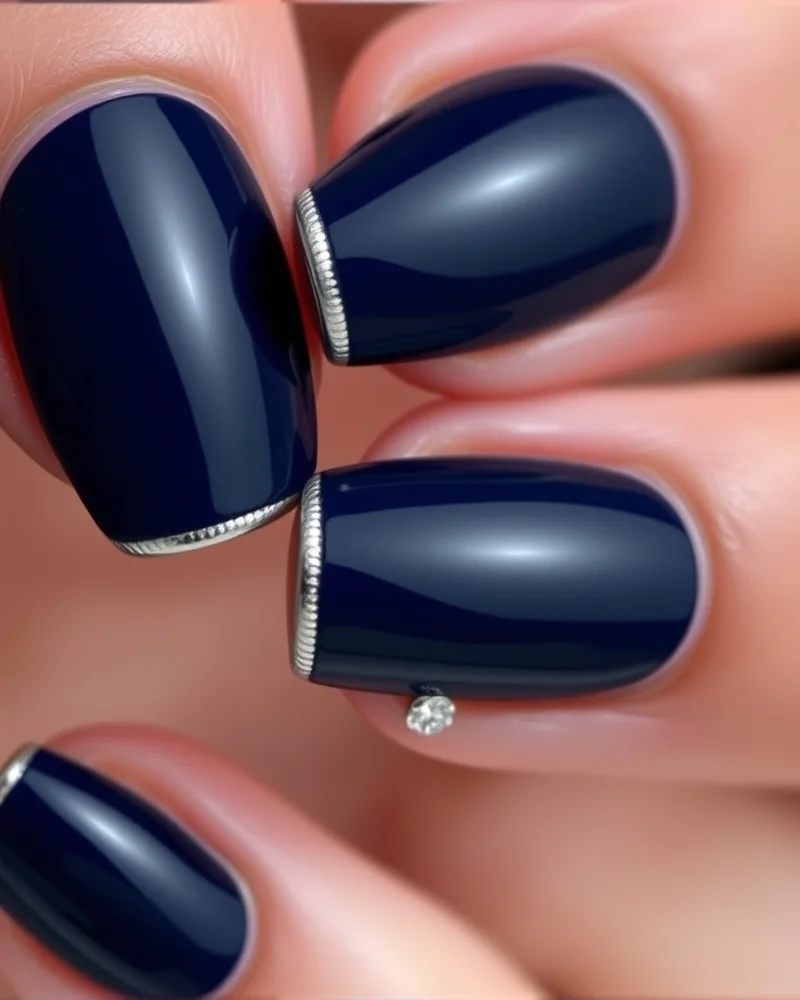 Close-up of a transitional fall to winter blue manicure featuring silver chrome accents and crystal details.