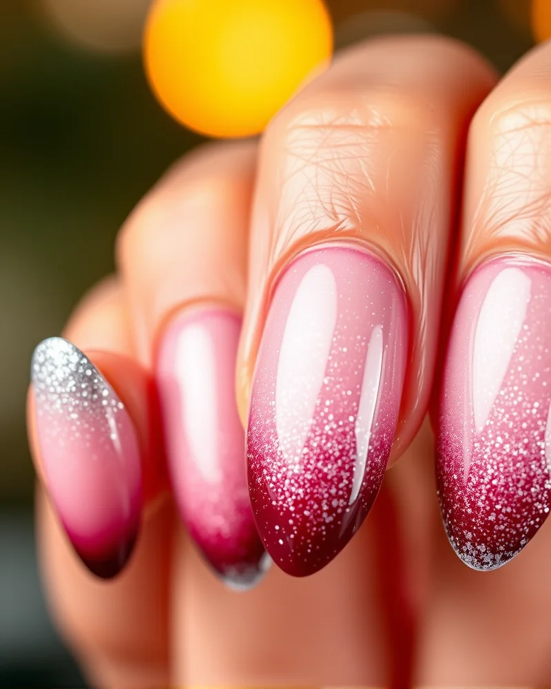 Almond shaped nails featuring a smooth color transition from deep fall burgundy to icy winter silver glitter.