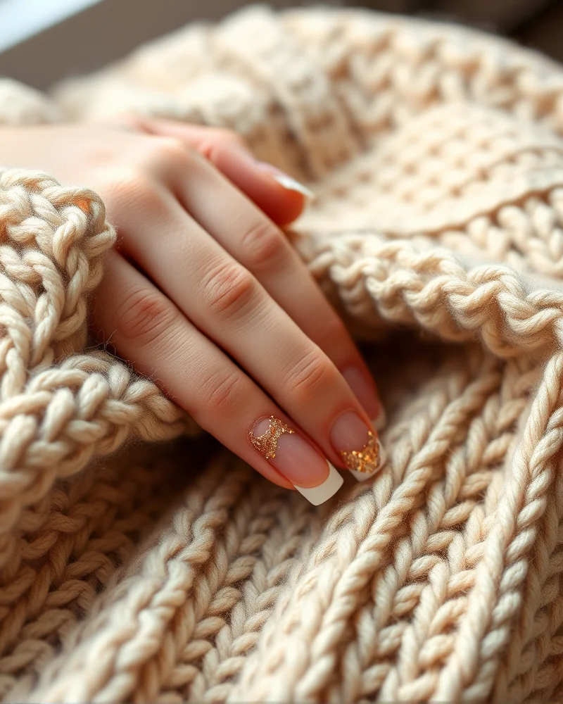 Close up of a professional fall french manicure with glitter accents on a cozy knitted background.