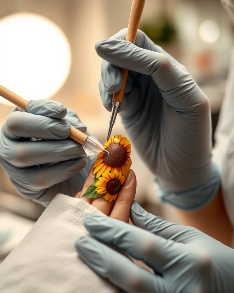 Fall Sunflower Nails 9 Professional nail technician safely removing sunflower gel art from natural nails using an acetone soak off method.