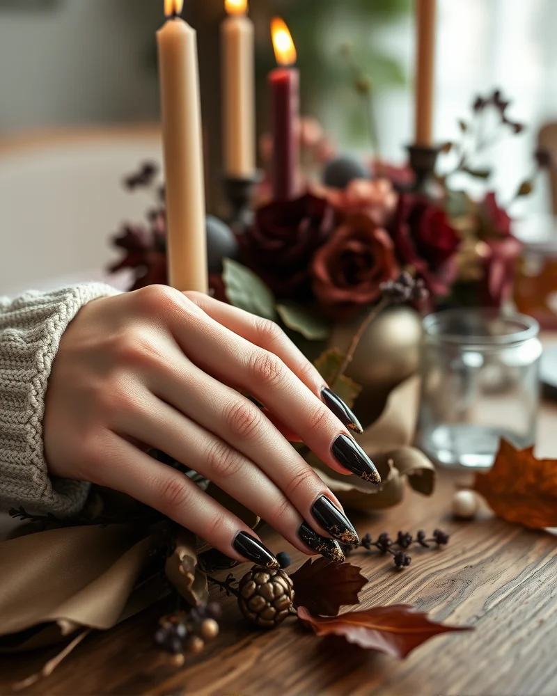 Close-up of elegant autumn-inspired manicure with espresso and gold leaf nail art next to a fall table centerpiece.