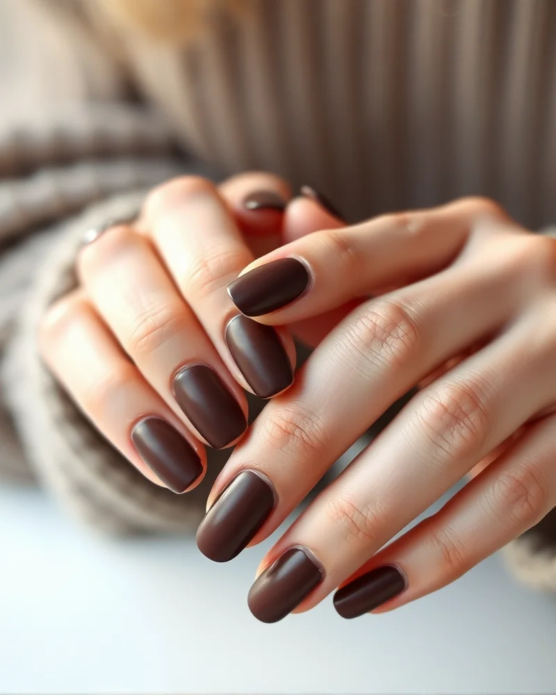 Fall Nails September 11 Close up of hands featuring a mix of matte and glossy gel polish in deep fall colors.