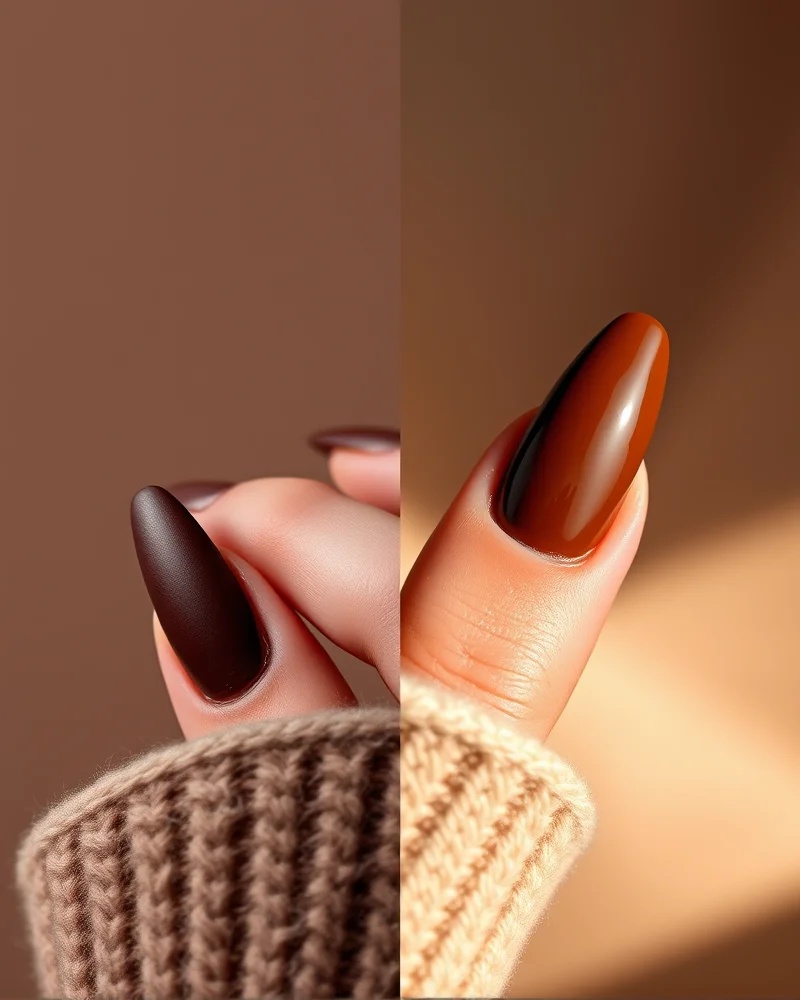 Comparison of velvet matte brown nails versus high-gloss glass brown nails on a model hand to demonstrate finish textures for fall nail inspiration.