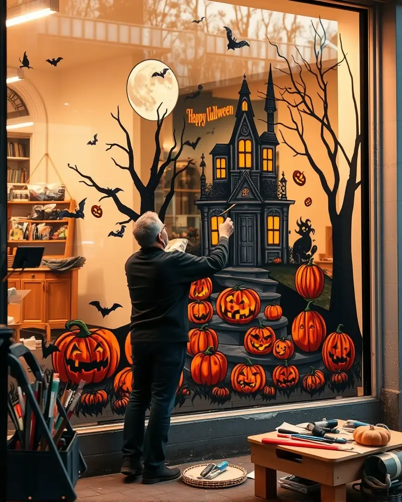 Halloween Window Painting 10 Professional artist painting a Halloween mural on a storefront window to demonstrate how to monetize seasonal window art.