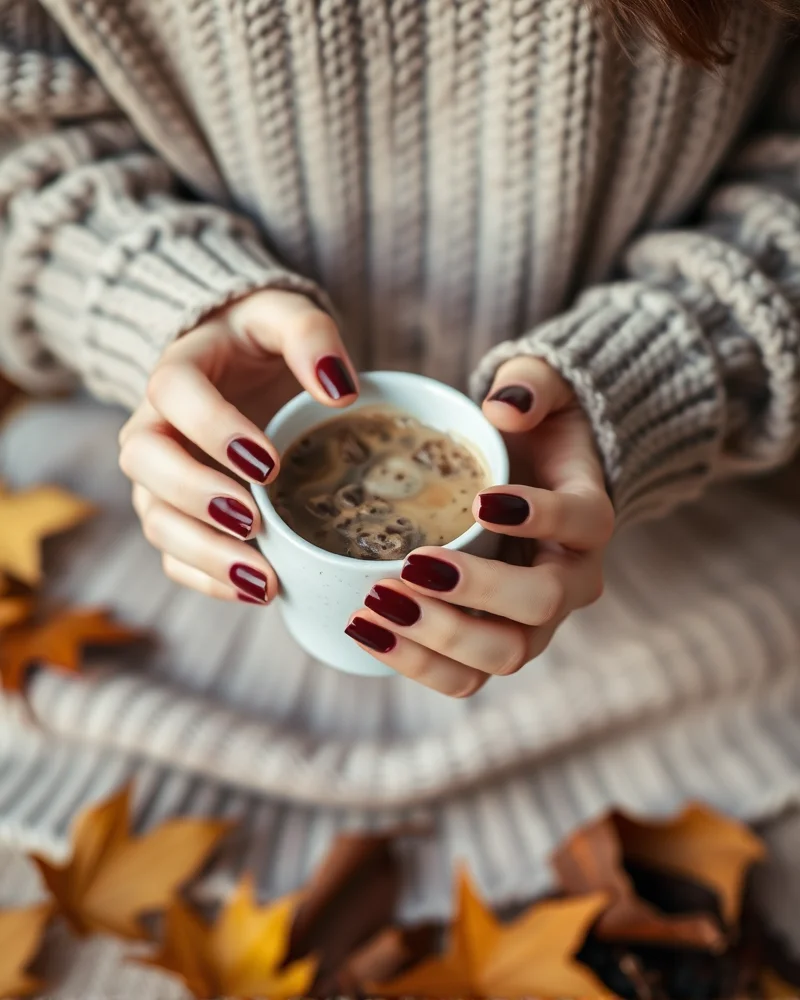 A close up of elegant autumn-themed manicured nails holding a warm coffee cup, capturing the cozy seasonal aesthetic.