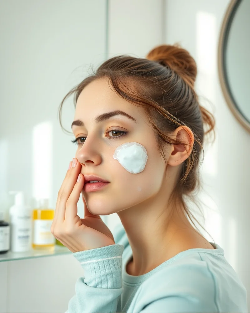 A teen girl performing a double cleansing skincare routine to remove makeup at night to prevent acne.