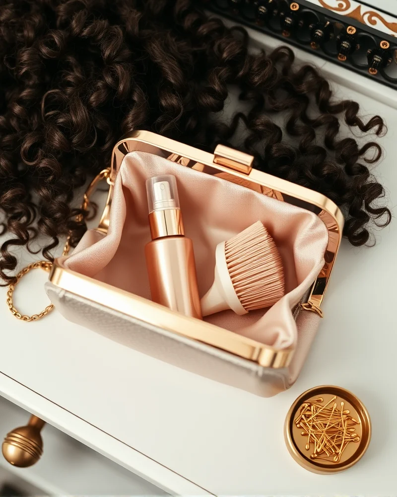 Hoco Emergency Kit items for curly hair including a travel spray bottle, edge brush, and bobby pins.