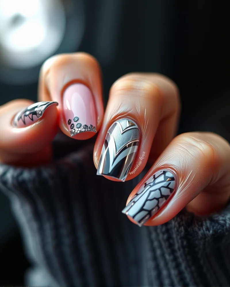 Close up of celebrity inspired funky maximalist nail art designs with chrome and 3D textures.