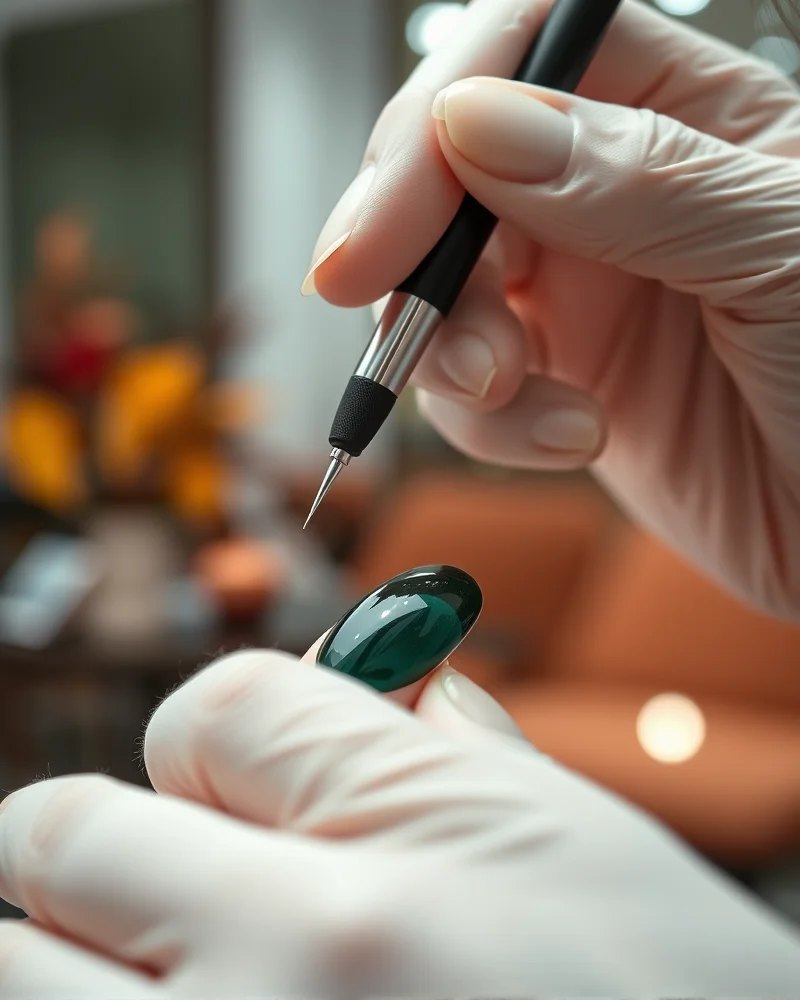 Professional manicurist demonstrating the proper use of a magnetic wand to create a crisp cat eye nail design.