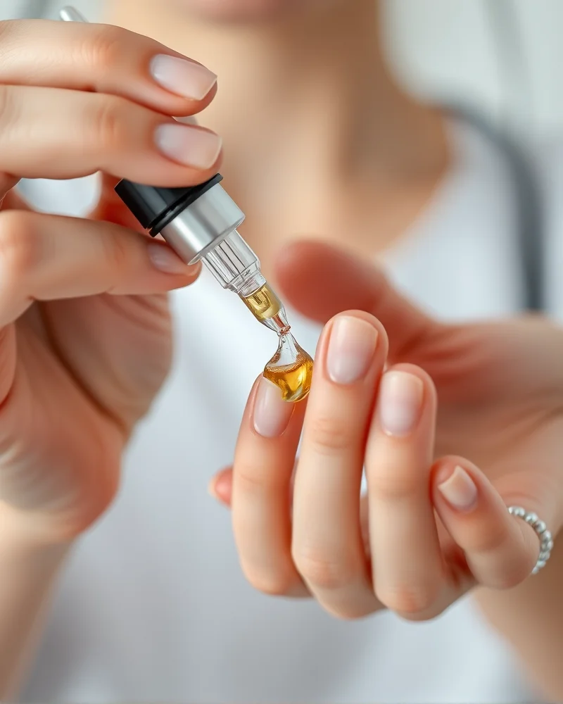 Close up of a nursing student applying cuticle oil for hand health and nail maintenance.