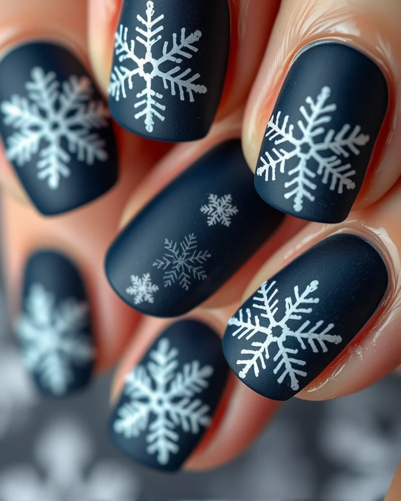 Close-up of matte chalkboard nails featuring white snowflake winter nail art.