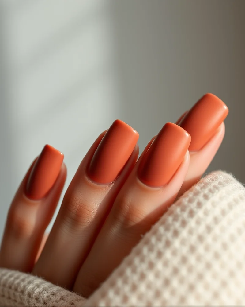 Close up of a French-matte hybrid manicure featuring a velvet matte base and glossy tips in a terracotta autumn color palette.