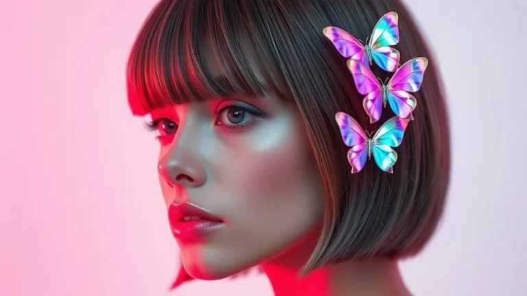 Butterfly Clips Hairstyles for Short Hair 10 Close-up of a stylish woman with a short bob hairstyle adorned with colorful butterfly clips.