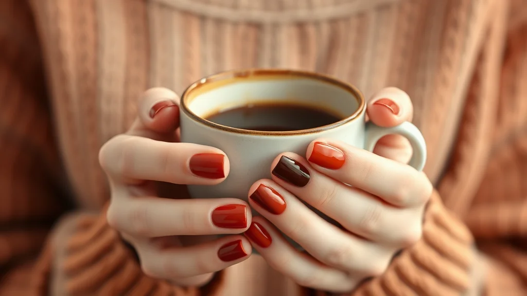 Fall Themed Nails Simple 1 Close-up of elegant, simple fall-colored nails holding a coffee cup.