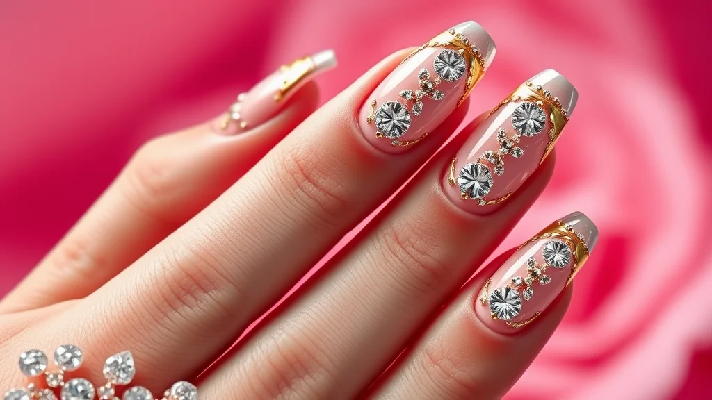 Close-up of professionally bedazzled stiletto nails with sparkling crystals.