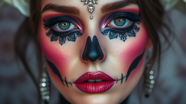 Close up of a woman wearing easy spooky cute skull makeup with floral lace details and pink accents