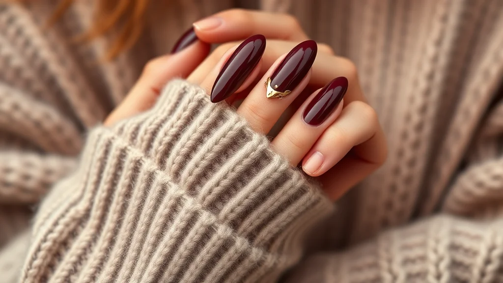 Fall Gel Nails 1 Close-up of elegant autumn-themed gel nails featuring deep oxblood and gold leaf details.