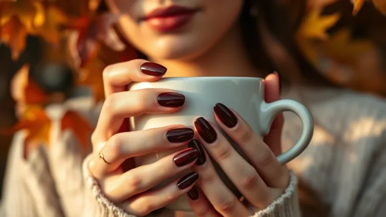 Close-up of elegant almond-shaped nails in deep espresso brown, perfect for a classy fall manicure.