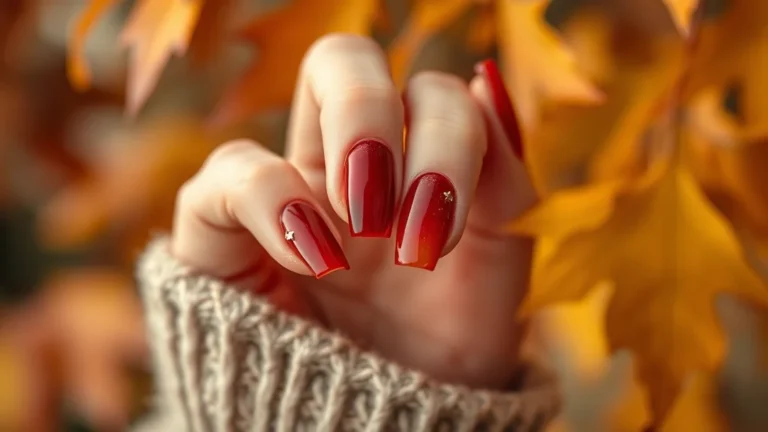 Fall Aura Nails 36 Close up of elegant fall aura nails featuring a gradient of deep red and gold.