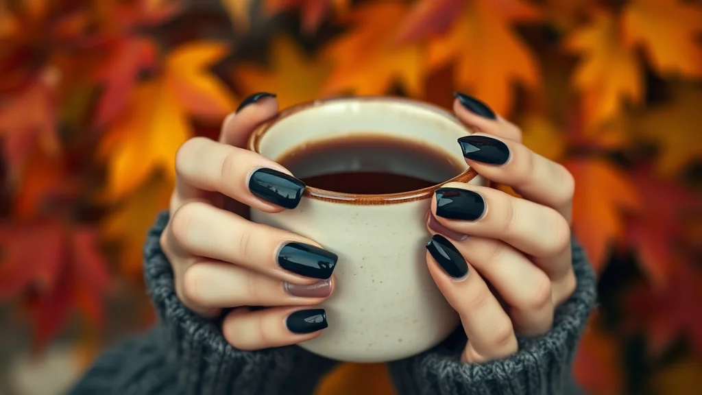 Close-up of elegant midnight blue nails during autumn season